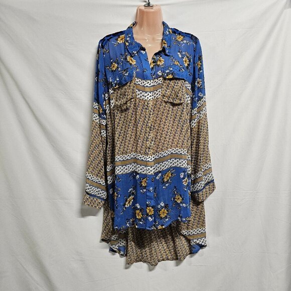 Aratta Silent Journey Women Hi-lo tunic Top Blouse Shirt Size L Floral Button Up - Picture 1 of 14